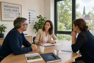 Three adults in a sunlit office having a respectful discussion with a mediator, suburban Yvelines visible through the window.