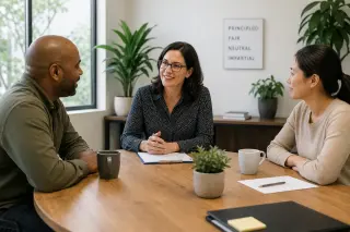 Three people in a bright office having a serious yet calm conversation around a table, natural light, relaxed and attentive atmosphere.