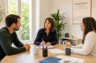 Three adults in a bright office calmly discussing around a table, with relaxed, sincere expressions, natural light, and a professional atmosphere.