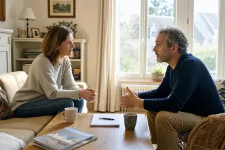 Two neighbors engaged in a calm discussion at home, sitting at a table with sunlight illuminating the room and a peaceful, friendly ambiance.