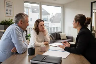 Three adults in calm discussion with a mediator around a table in a well-lit, modern residential common room, natural daylight and neutral tones