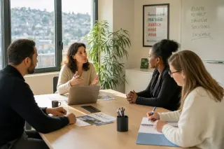 Mediator facilitates a calm discussion between three adults in a bright, modern meeting room with a residential neighborhood visible outside, capturing a cooperative atmosphere.