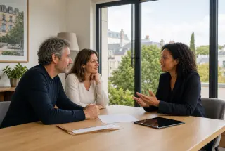 Three people in a bright meeting room discussing around a table, with large windows overlooking a suburban Yvelines apartment block, showing a peaceful mediation setting.