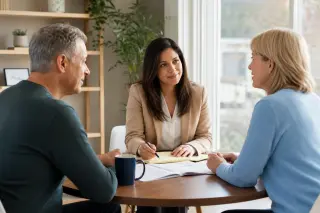 Three adults engaged in a calm discussion with a mediator in a sunlit, modern meeting room, documents and coffee on the table, warm neutral tones.