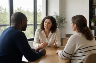 Three people in a sunlit office engaged in a sincere discussion with a mediator, in a calm and welcoming atmosphere.