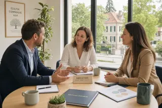 Three people in a bright office discussing amicably around a table, with documents present and large windows showing residential Yvelines in the background.
