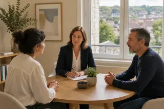 Mediator conducting a calm family mediation session between two adults in a bright, modern Yvelines office