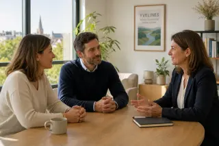 Three adults in a bright office, having a calm and constructive discussion around a wooden table, with natural light and a peaceful atmosphere.