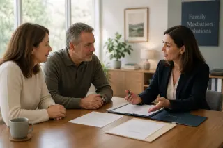 Family mediator explaining documents to a couple in a bright, welcoming office, with papers on the table and a peaceful atmosphere.