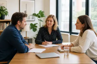 Two adults and a mediator seated at a table in a sunlit office, engaged in a peaceful discussion with relaxed, attentive expressions.
