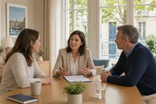 Three people in a bright, peaceful living room in Versailles, engaged in a calm mediation discussion around a wooden table.