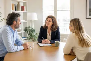 Mature mediator facilitating a family discussion at a sunlit office table, with a sense of calm and constructive dialogue.