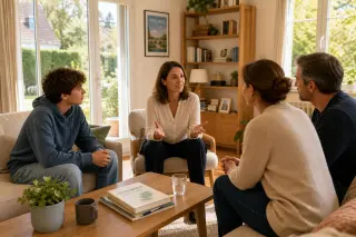 Mediator facilitating a peaceful family discussion between parents and a teenager in a bright, modern living room in the Yvelines.