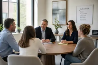 Peaceful mediation session in a sunlit office with separated parents and mediators in a calm discussion