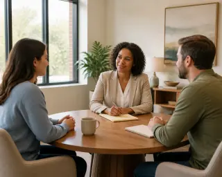 Family mediator guides a thoughtful conversation between two adults in a warmly lit, modern office with peaceful and neutral tones.