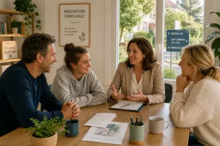 Mediator guiding a conversation among members of a blended family in a sunlit, welcoming office, everyone relaxed and engaged.