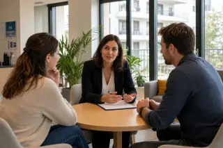 Three people in a sunlit apartment common area, having a calm discussion around a table, conveying a sense of mediation and cooperation.