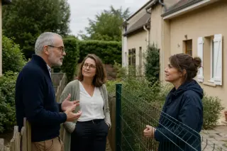 Three adults in a peaceful conversation near a garden fence in a suburban neighbourhood, with greenery and houses typical of the Yvelines region.