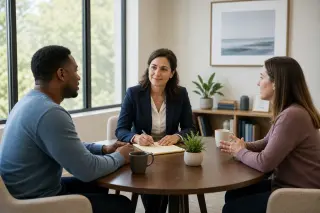 Three adults engaged in a calm discussion with a mediator in a bright, welcoming office.