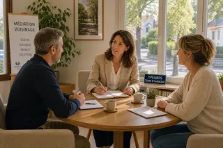 Calm mediation session with three people in a bright office, mediator facilitating a peaceful discussion between neighbors, large windows showing a suburban street.